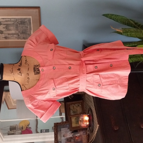 New York and Company Coral Button Up Belted Pocket Blouse - Picture 4 of 11